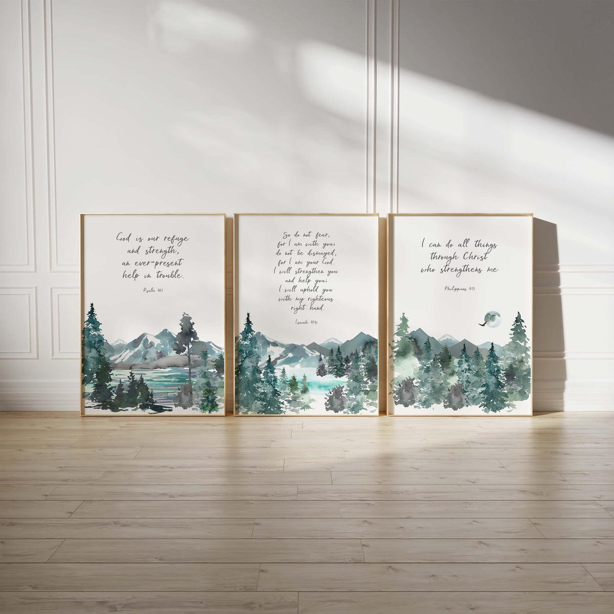 Inspirational wall art featuring Psalm 46, Philippians 4:13, Isaiah 41:10, Watercolour landscape prints