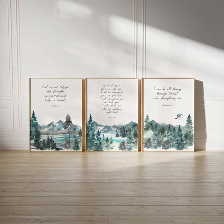 Inspirational wall art featuring Psalm 46, Philippians 4:13, Isaiah 41:10, Watercolour landscape prints