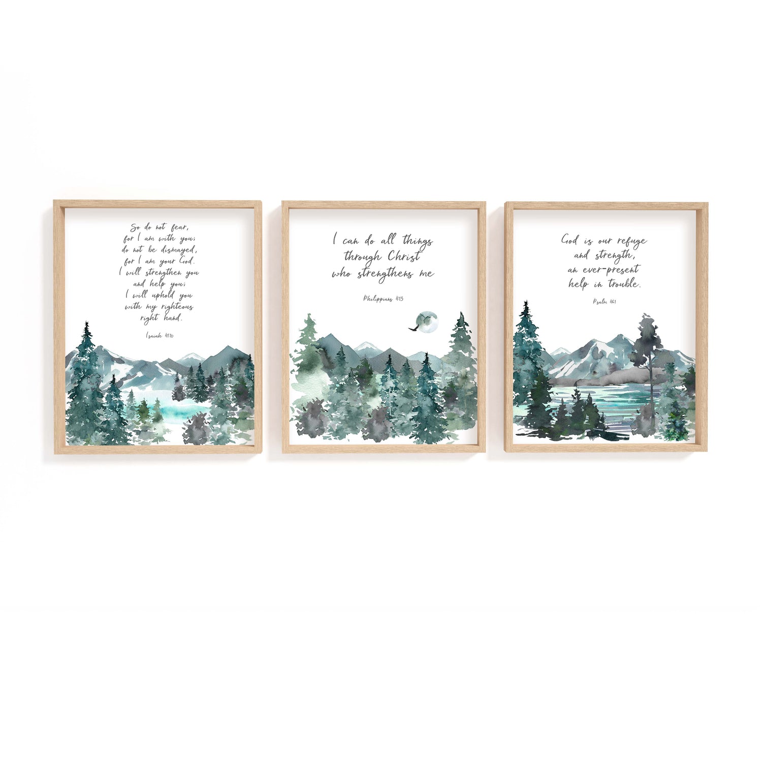 Personalised Christian prints with watercolour mountain landscapes, Inspirational Bible verse prints perfect for display
