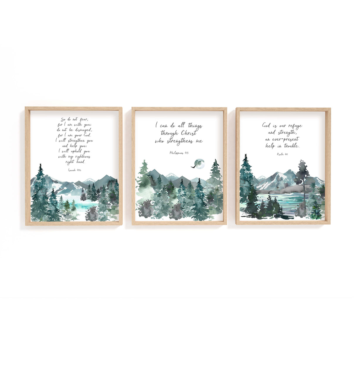 Personalised Christian prints with watercolour mountain landscapes, Inspirational Bible verse prints perfect for display