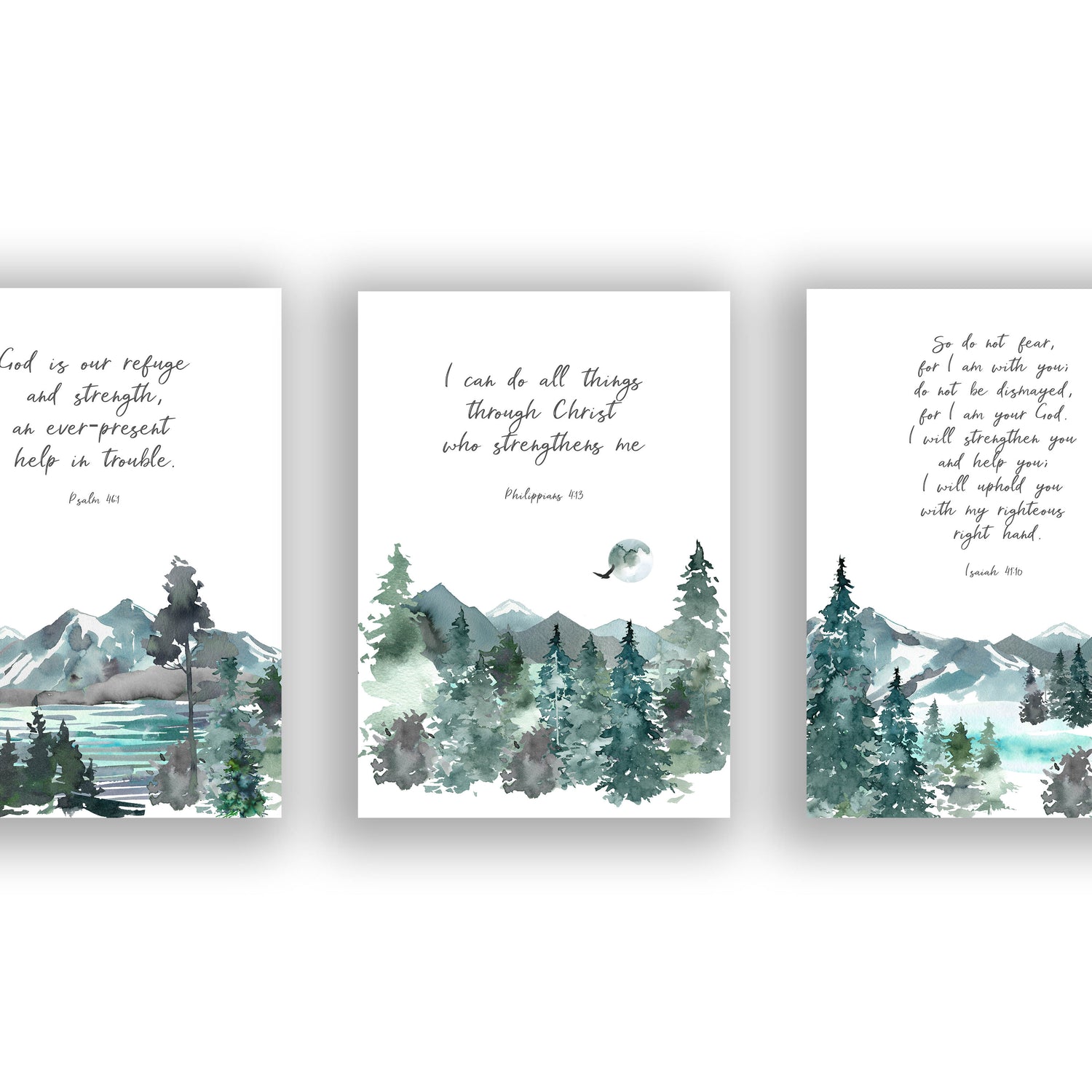 Mountain-themed Bible verse prints for gift giving, Psalm 46, Philippians 4:13, Isaiah 41:10 scripture prints