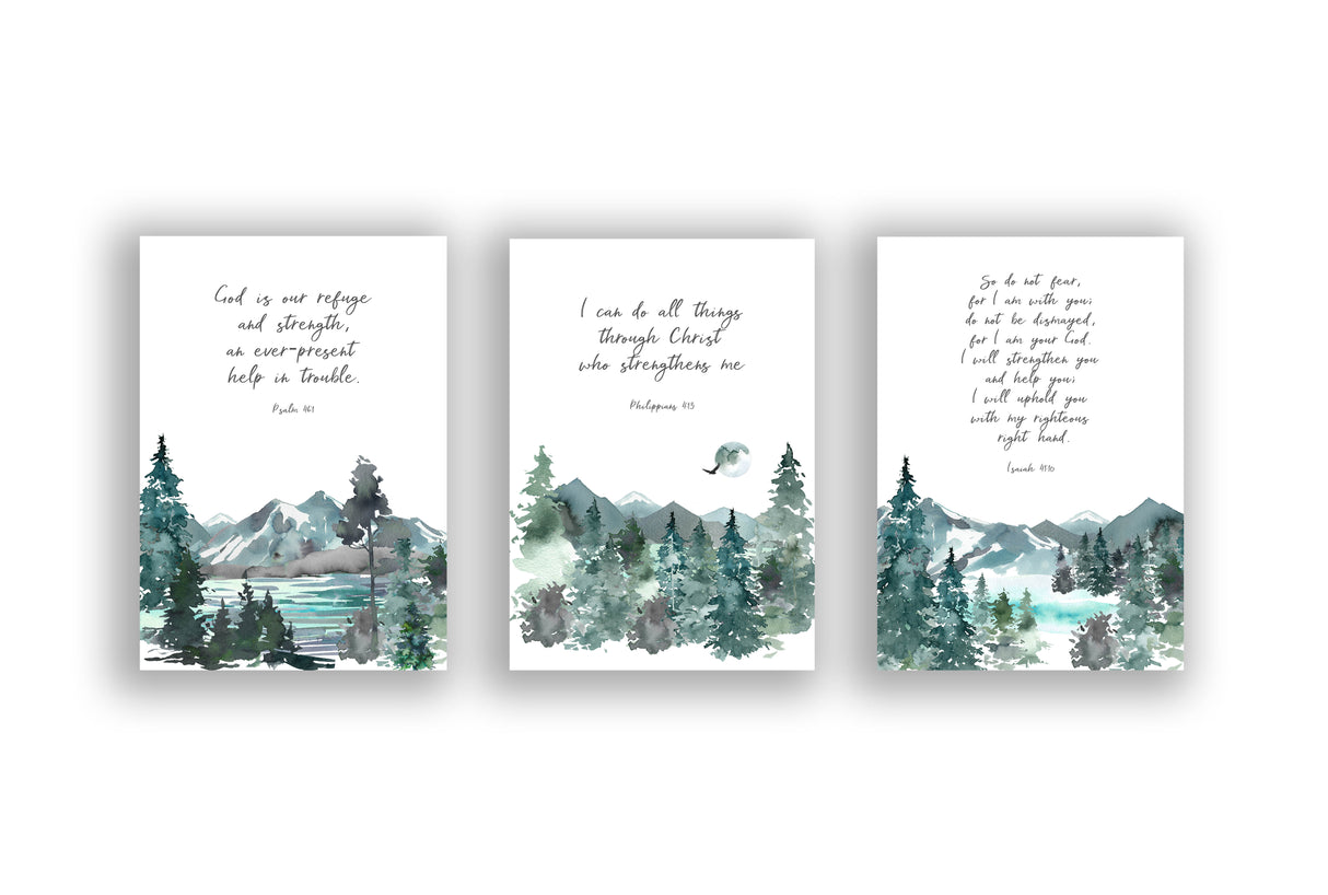 Mountain-themed Bible verse prints for gift giving, Psalm 46, Philippians 4:13, Isaiah 41:10 scripture prints