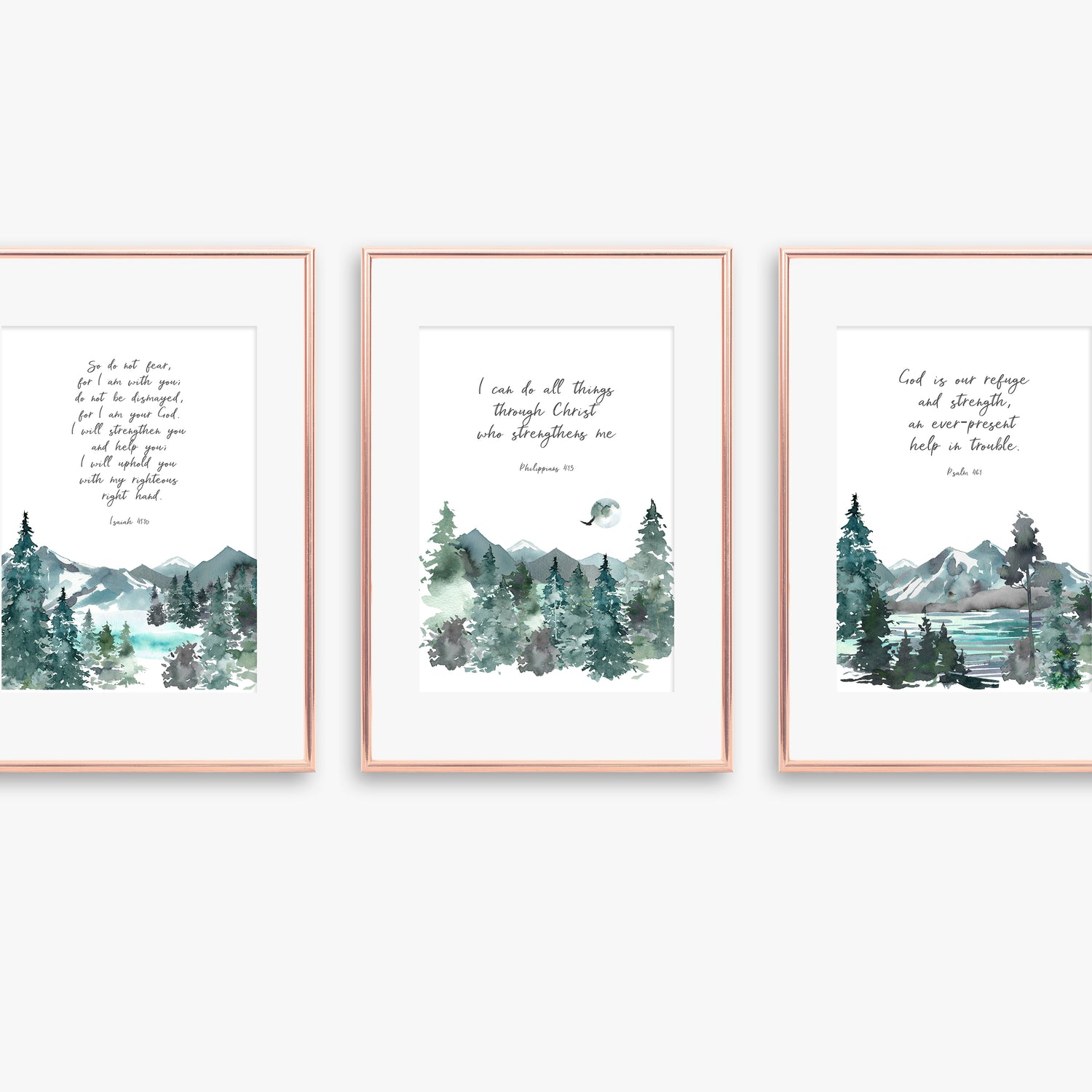 Unique home decor gift idea with encouraging scripture, Serene mountain prints paired with uplifting Bible verses
