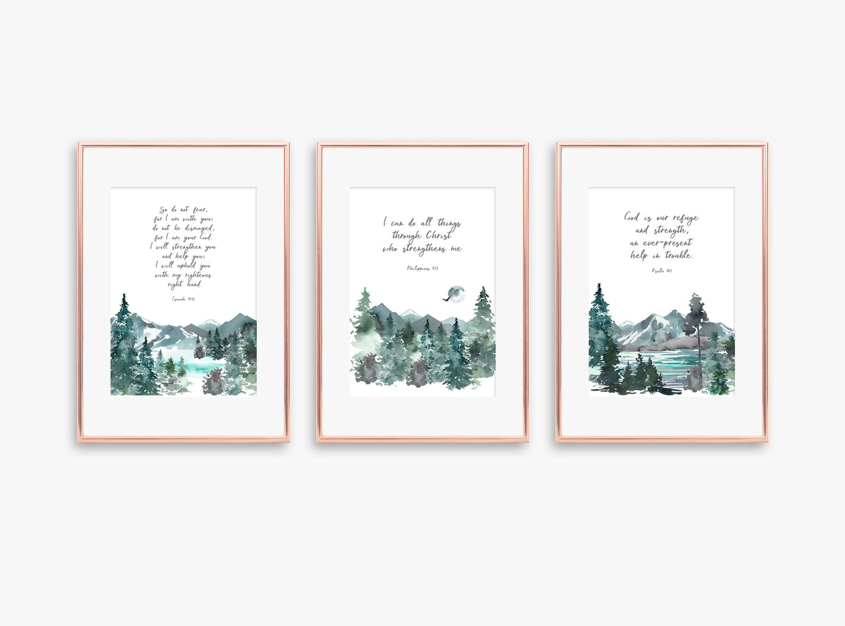 Unique home decor gift idea with encouraging scripture, Serene mountain prints paired with uplifting Bible verses