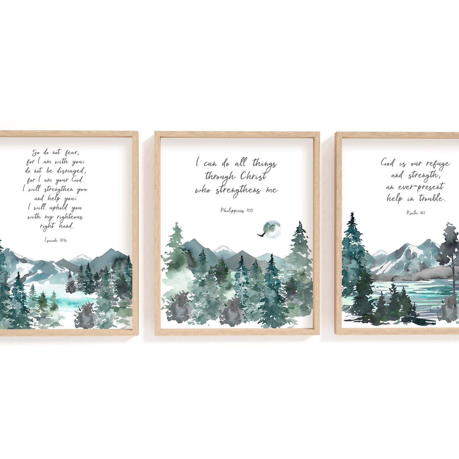 Comforting Christian Wall Art 3 Print Set, Mountain Bible Verse Gift, Bible verse print set with watercolour mountain scenery