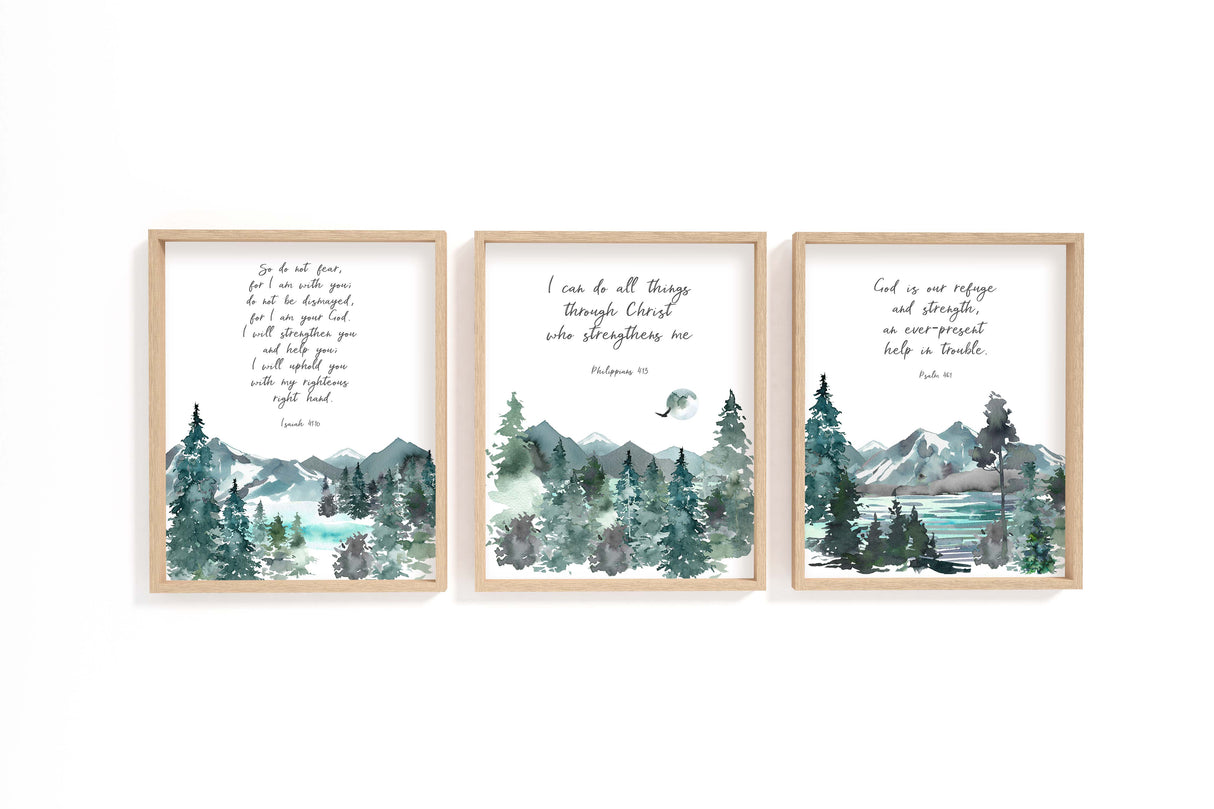 Comforting Christian Wall Art 3 Print Set, Mountain Bible Verse Gift, Bible verse print set with watercolour mountain scenery