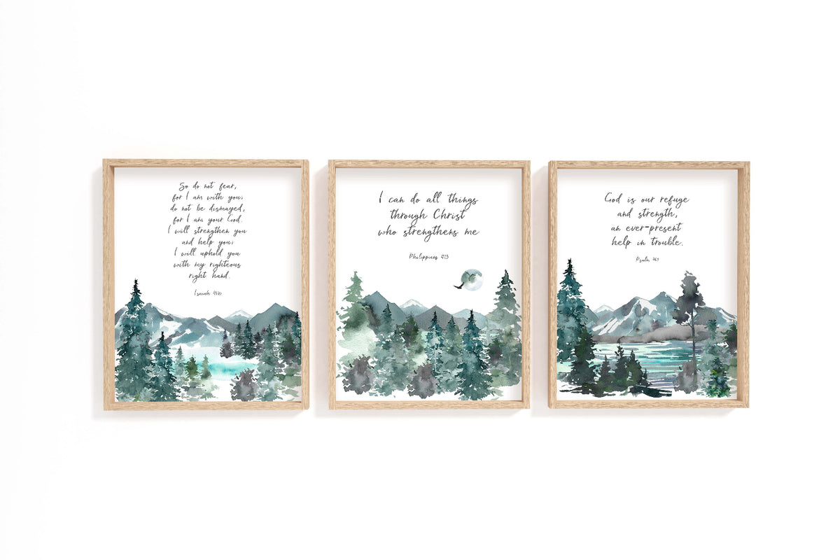 Comforting Christian Wall Art 3 Print Set, Mountain Bible Verse Gift, Bible verse print set with watercolour mountain scenery