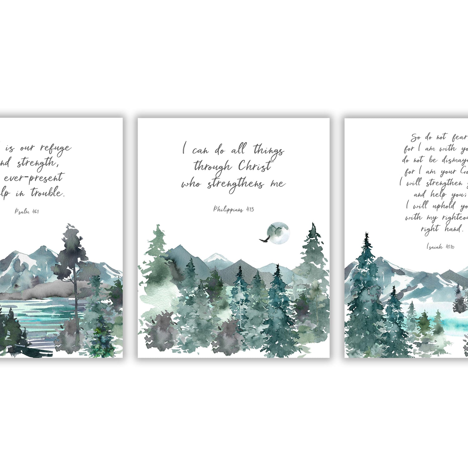 Decorative prints with comforting verses from the Bible, Spiritual wall art set featuring green and blue mountain scenes