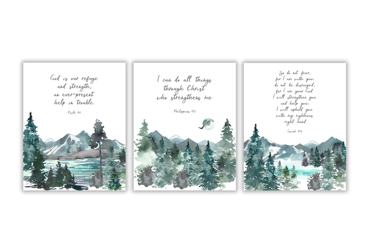 Decorative prints with comforting verses from the Bible, Spiritual wall art set featuring green and blue mountain scenes