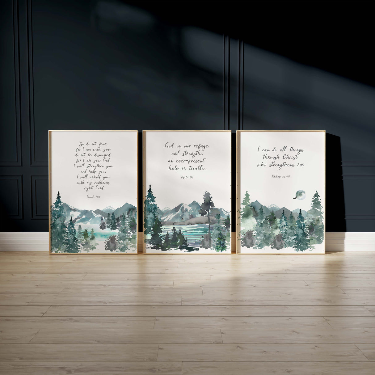 Watercolour landscape prints with comforting Bible verses, Christian home decor with serene mountain and forest designs