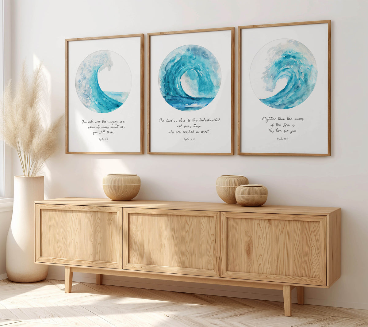 Three-piece Christian wall art print set featuring turquoise watercolour ocean waves with Bible verses from Psalms 89:9, 34:18, and 93:4.