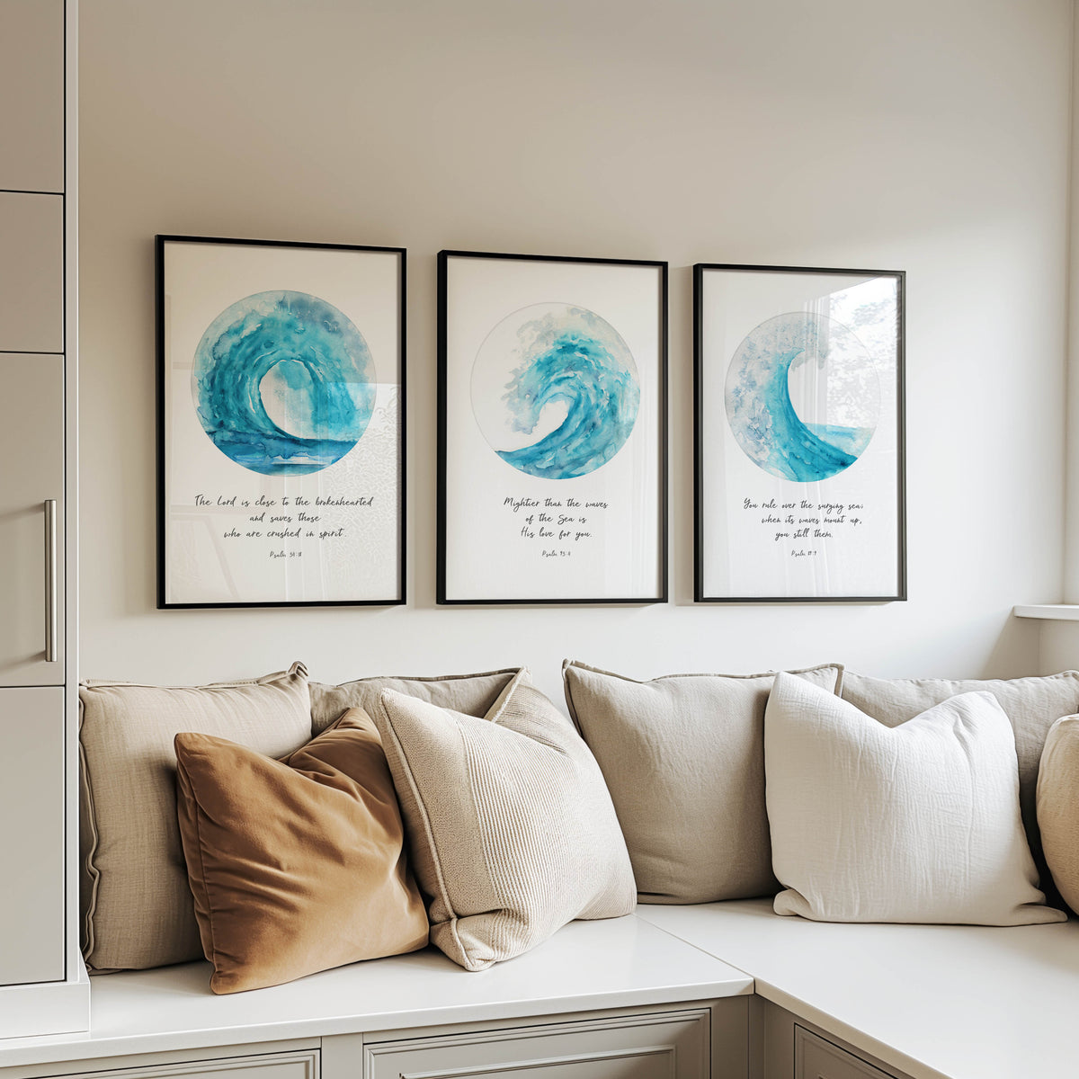 Christian wall art set of three ocean wave prints in soft turquoise tones, each displaying a comforting Bible verse about God’s love, presence, and power.