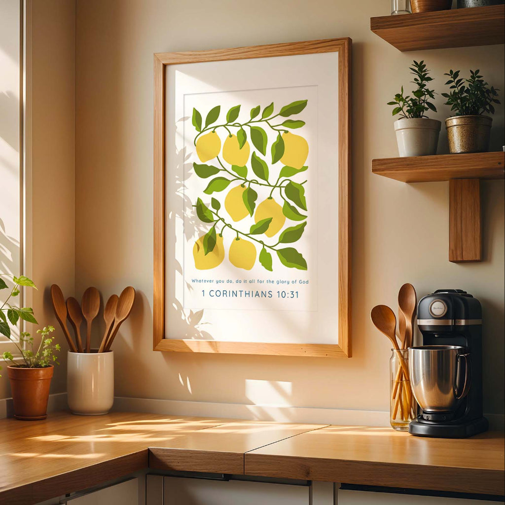 1 Corinthians 10:31 - Christian wall art print featuring lemons on a vine with Bible verse scripture decor for home or kitchen.