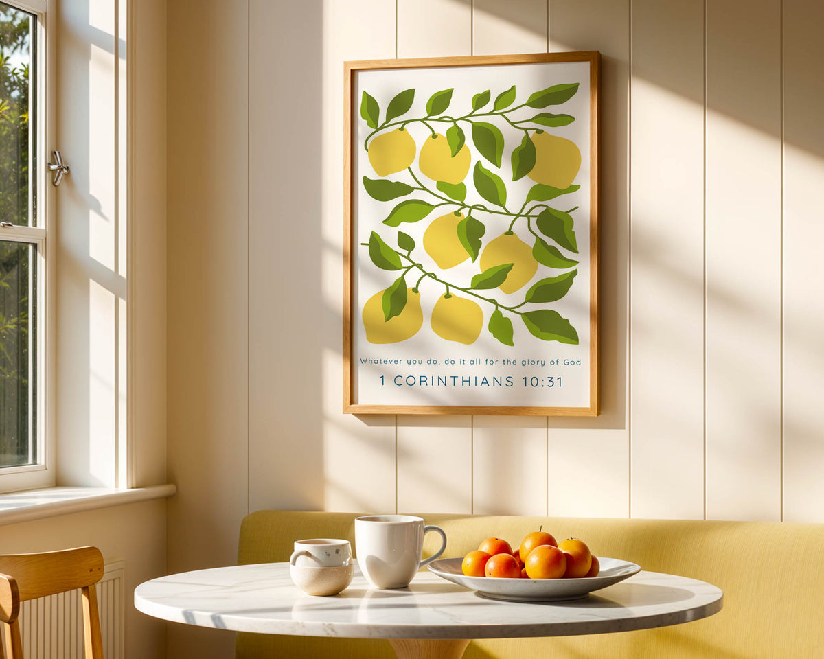 1 Corinthians 10:31 - Floral fruit Christian scripture wall art print with lemons on vine and uplifting Bible verse.