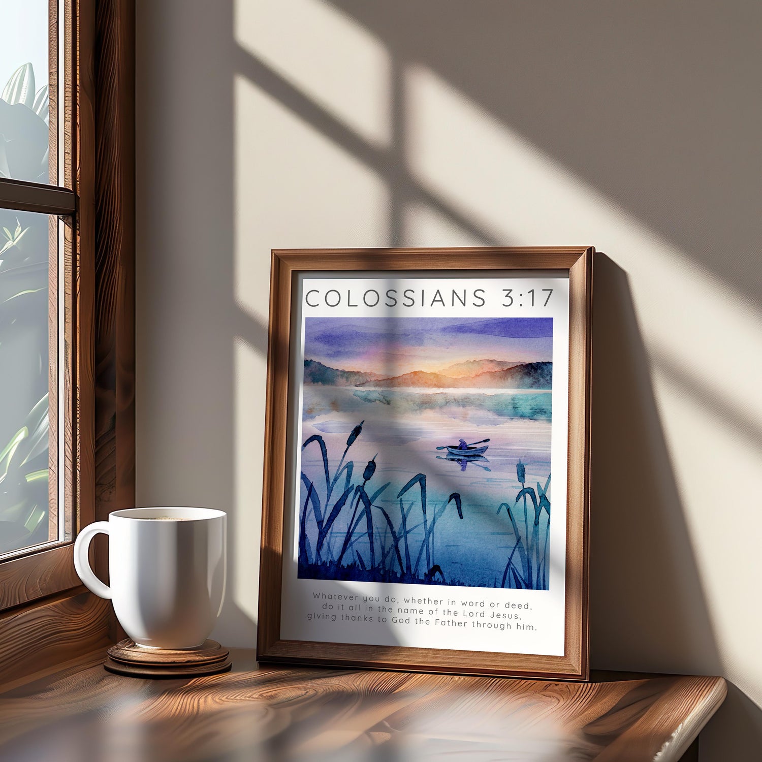 Colossians 3:17 – Inspirational scripture art with blue and purple mountain scene.