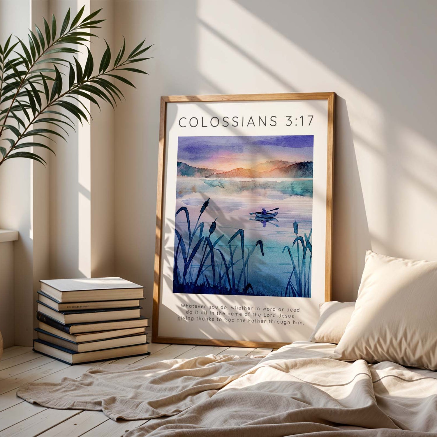 Colossians 3:17 – Christian wall art featuring peaceful boat on still lake waters.
