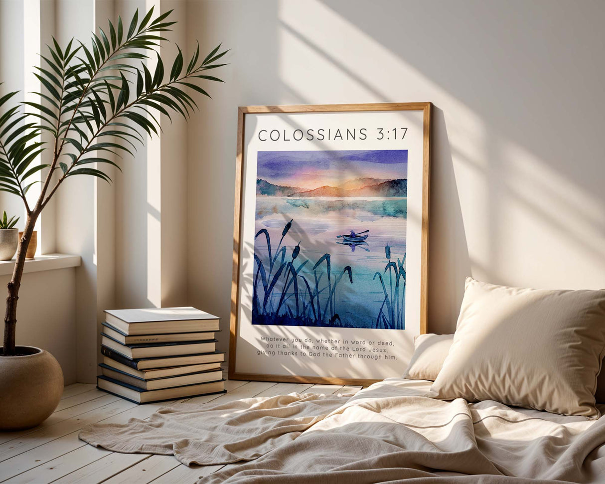 Colossians 3:17 – Christian wall art featuring peaceful boat on still lake waters.