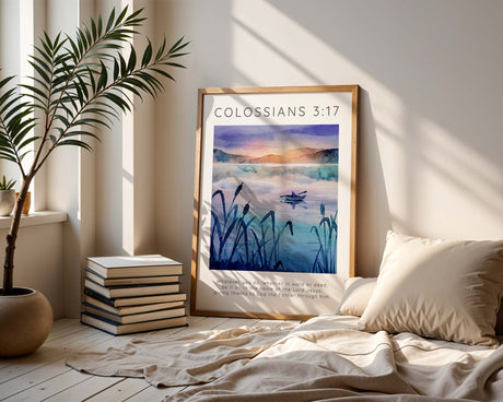 Colossians 3:17 – Christian wall art featuring peaceful boat on still lake waters.