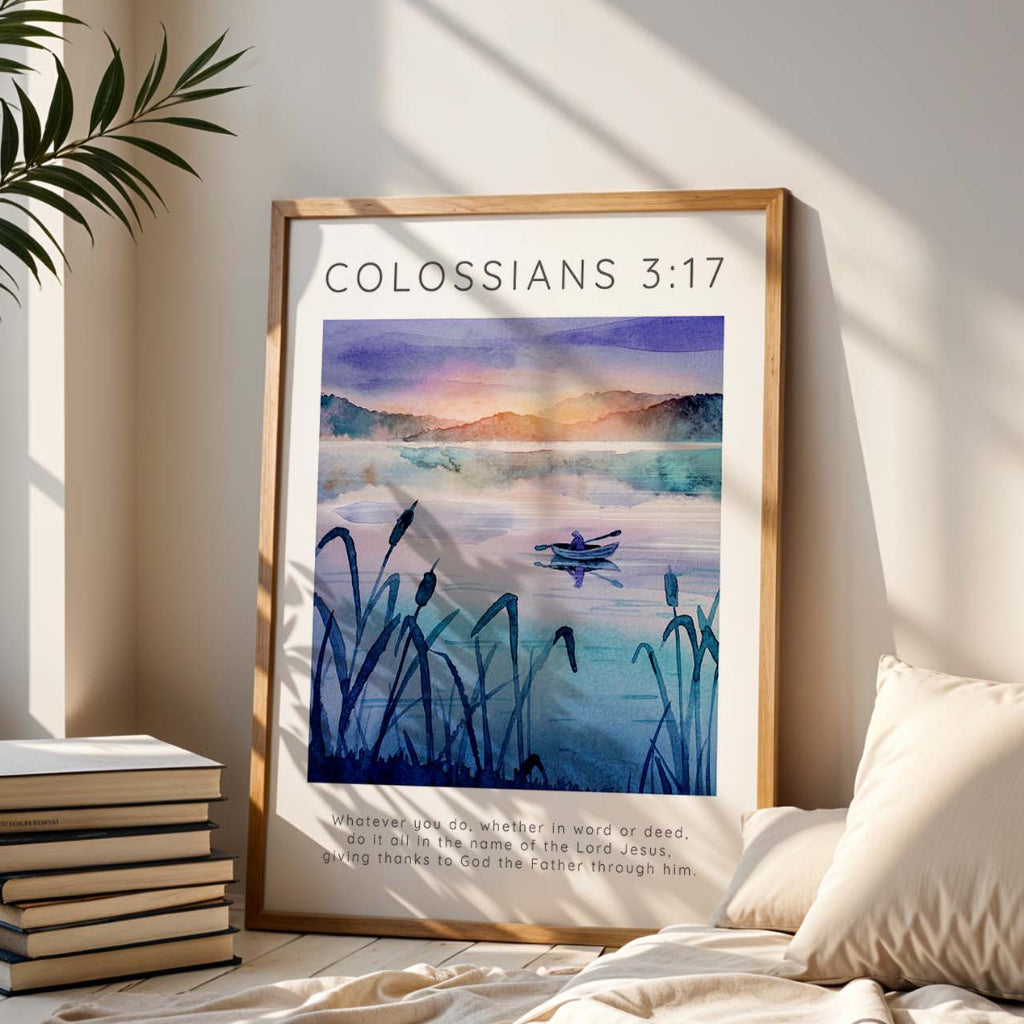 Colossians 3:17 – Christian wall art featuring peaceful boat on still lake waters.