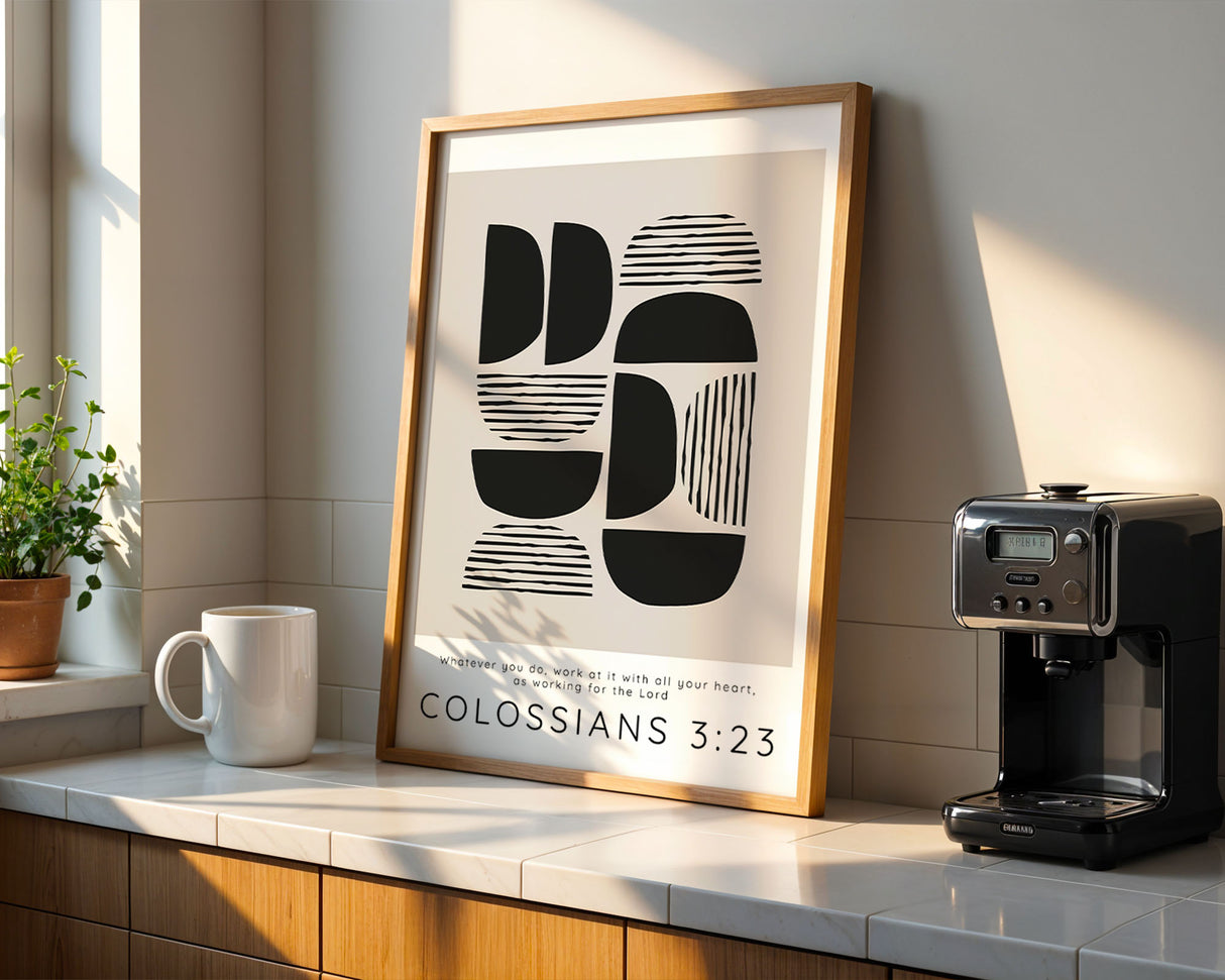 Colossians 3:23 – Christian wall art print inspiring faith and diligence in work.