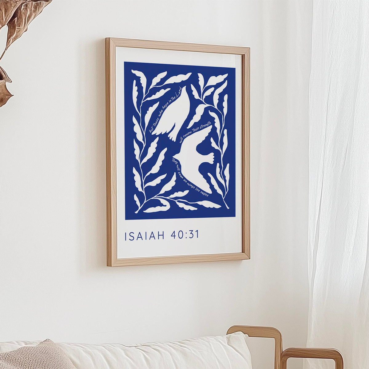 Isaiah 40:31 - Christian wall art print with white bird silhouette on deep blue background and Bible verse wings like eagles.