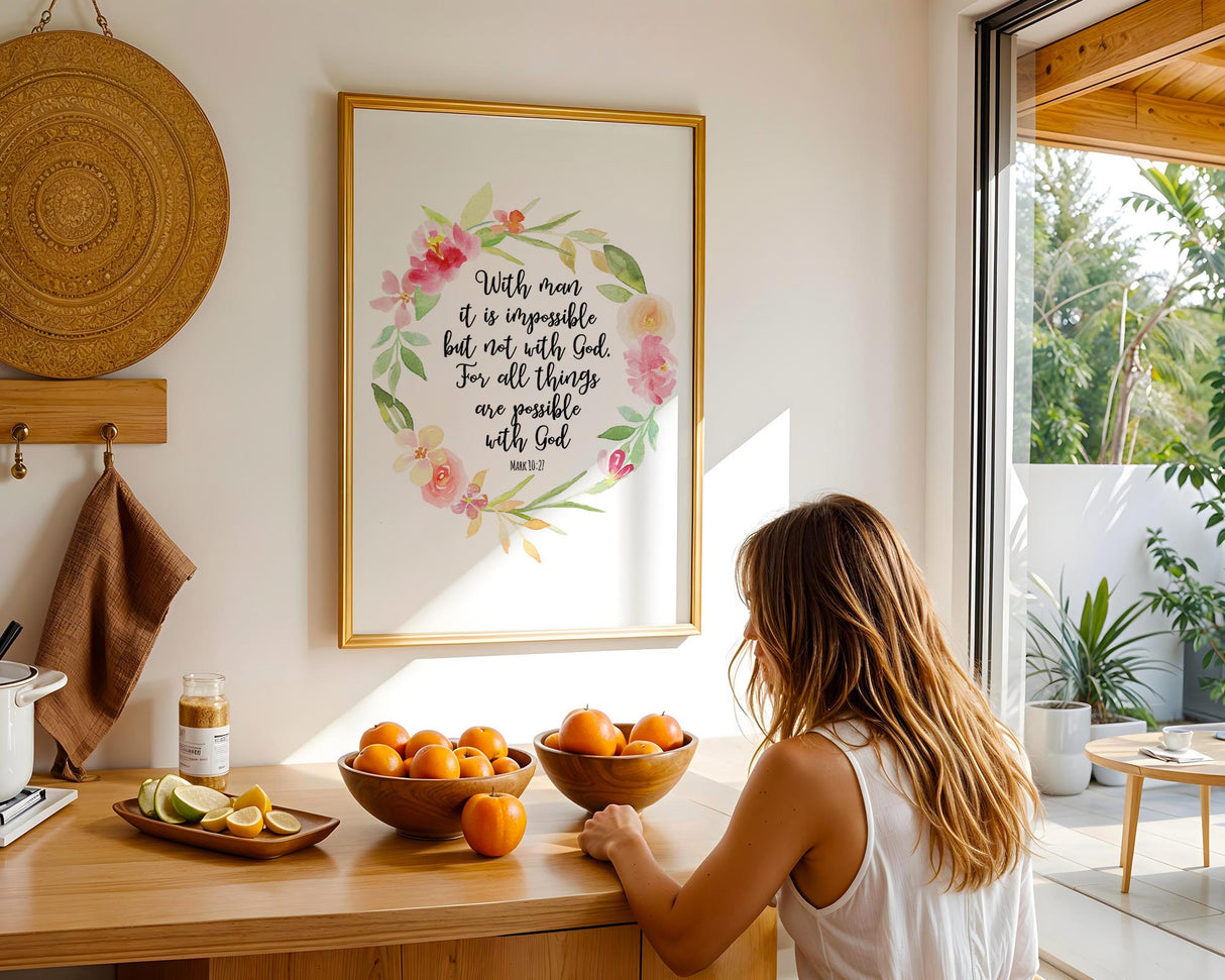 Mark 10:27 – Christian wall art print about faith and trusting God.