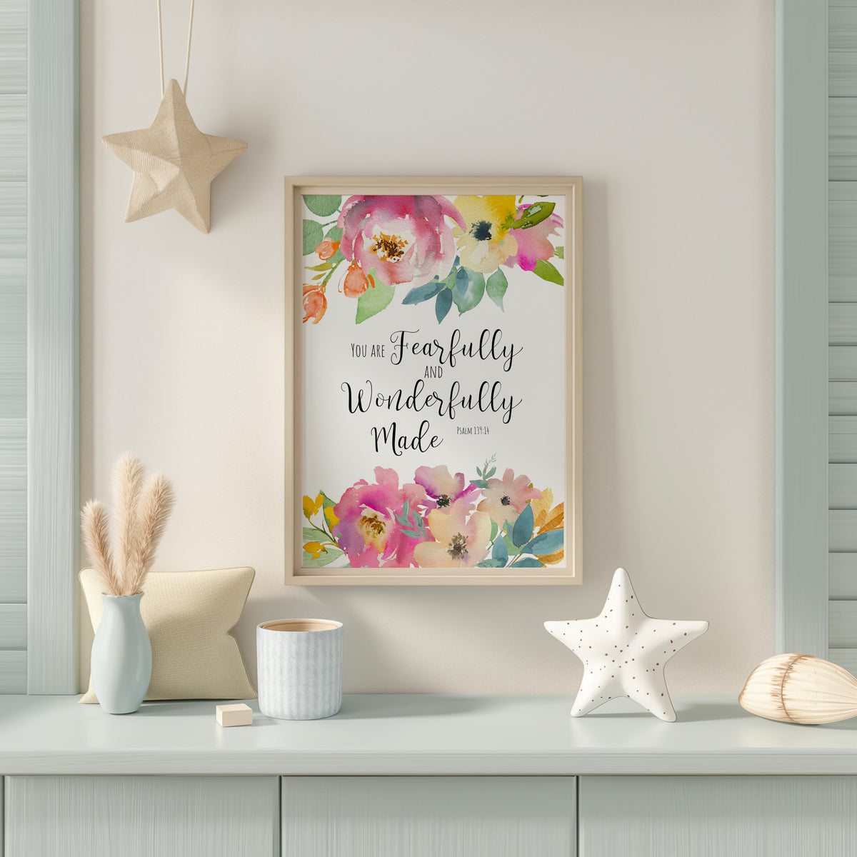 Psalm 139:14 – Christian floral wall art featuring uplifting Bible verse about being fearfully and wonderfully made.