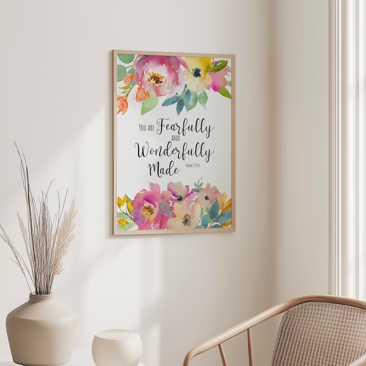 Psalm 139:14 – Bible verse wall art featuring colourful florals and scripture celebrating identity and God’s creation.