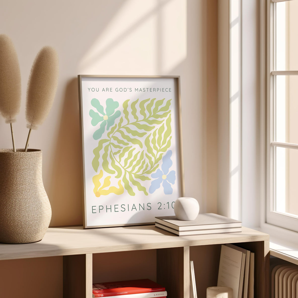 Delicate pastel Christian print with floral motifs and the words "You Are God’s Masterpiece" from Ephesians 2:10.