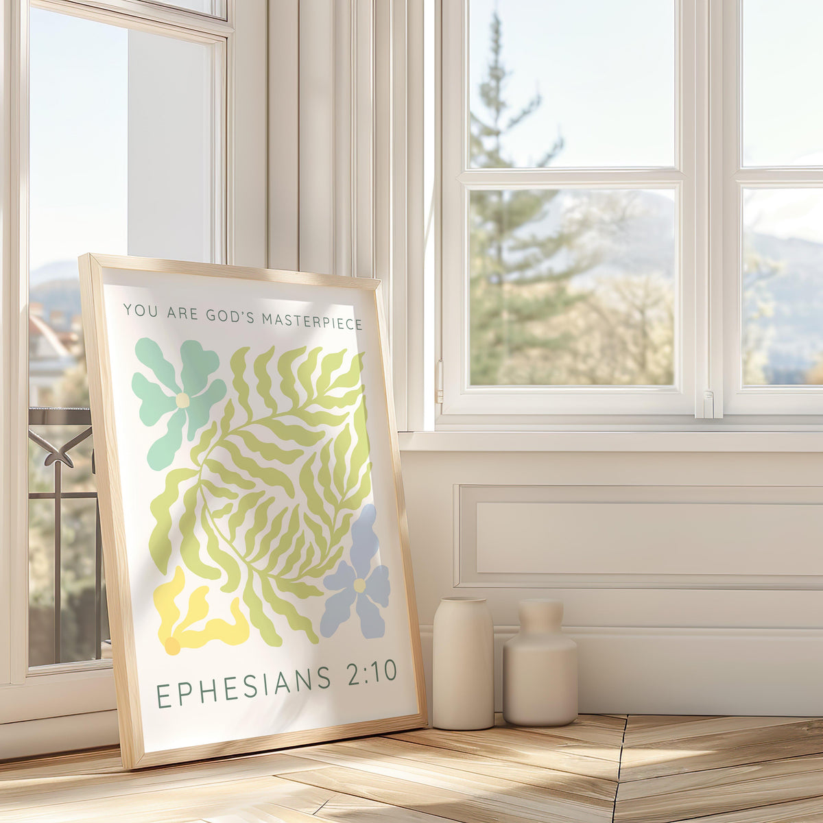 Feminine Bible verse wall print with gentle pastel flowers and bold lettering from Ephesians 2:10.
