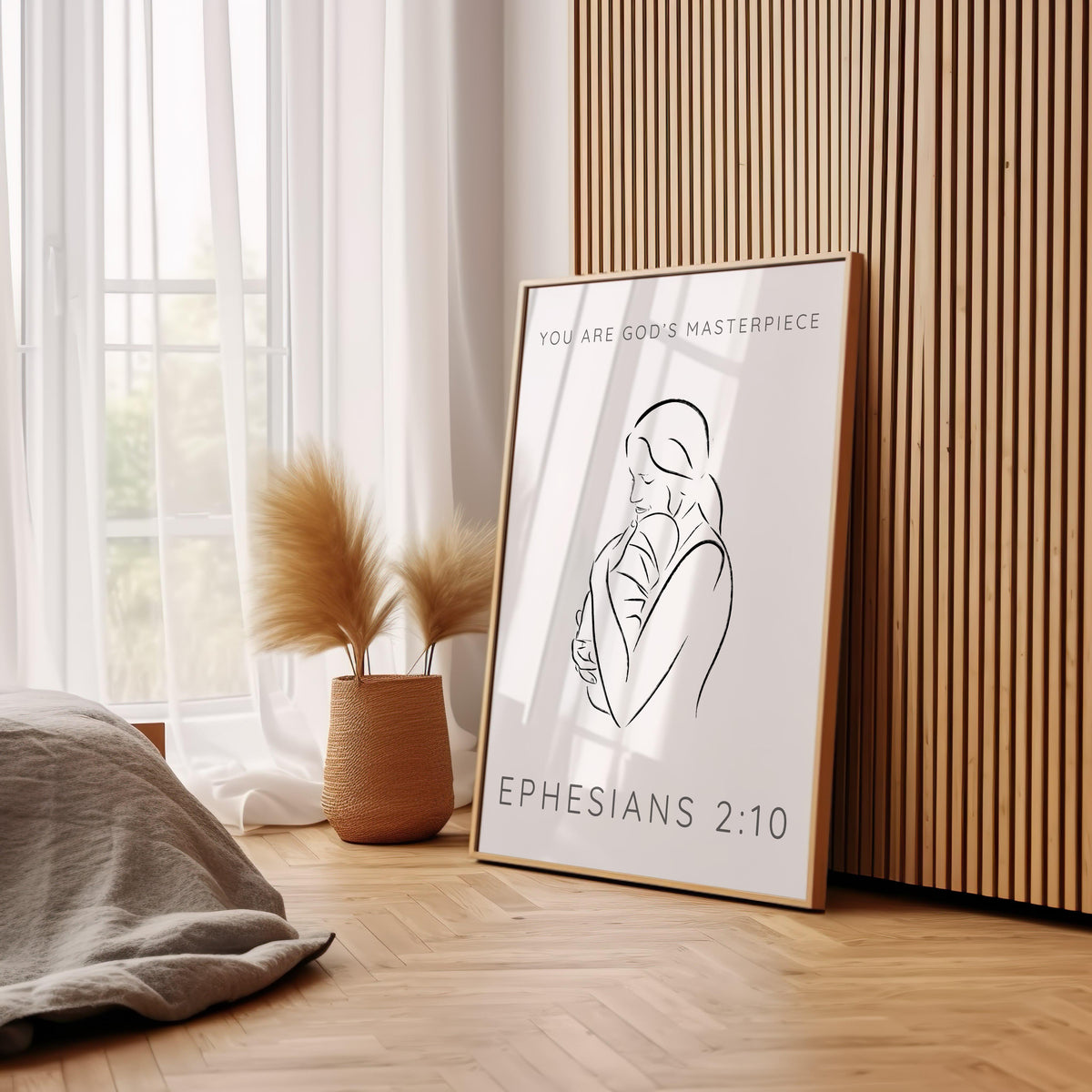 Ephesians 2:10 - You are God’s Masterpiece Christian Bible verse wall art with minimalist mother and child illustration.