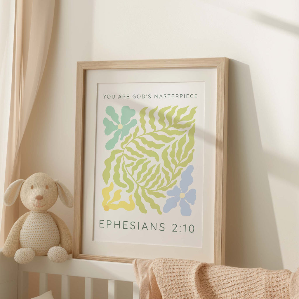 Abstract Christian art print in pastels with floral shapes and the quote from Ephesians 2:10.