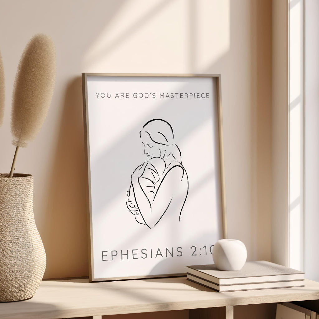 Ephesians 2:10 - Christian wall art print featuring line drawing of mother and baby with You are God’s Masterpiece Bible verse.