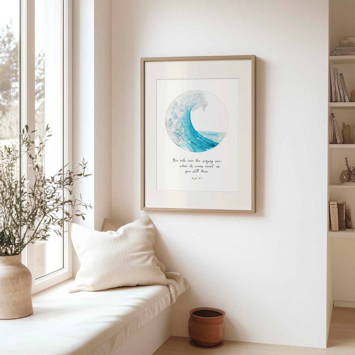 Serene ocean wave art print in soft turquoise tones with the Bible verse Psalm 89:9, offering comfort, faith, and a sense of calm through Scripture.