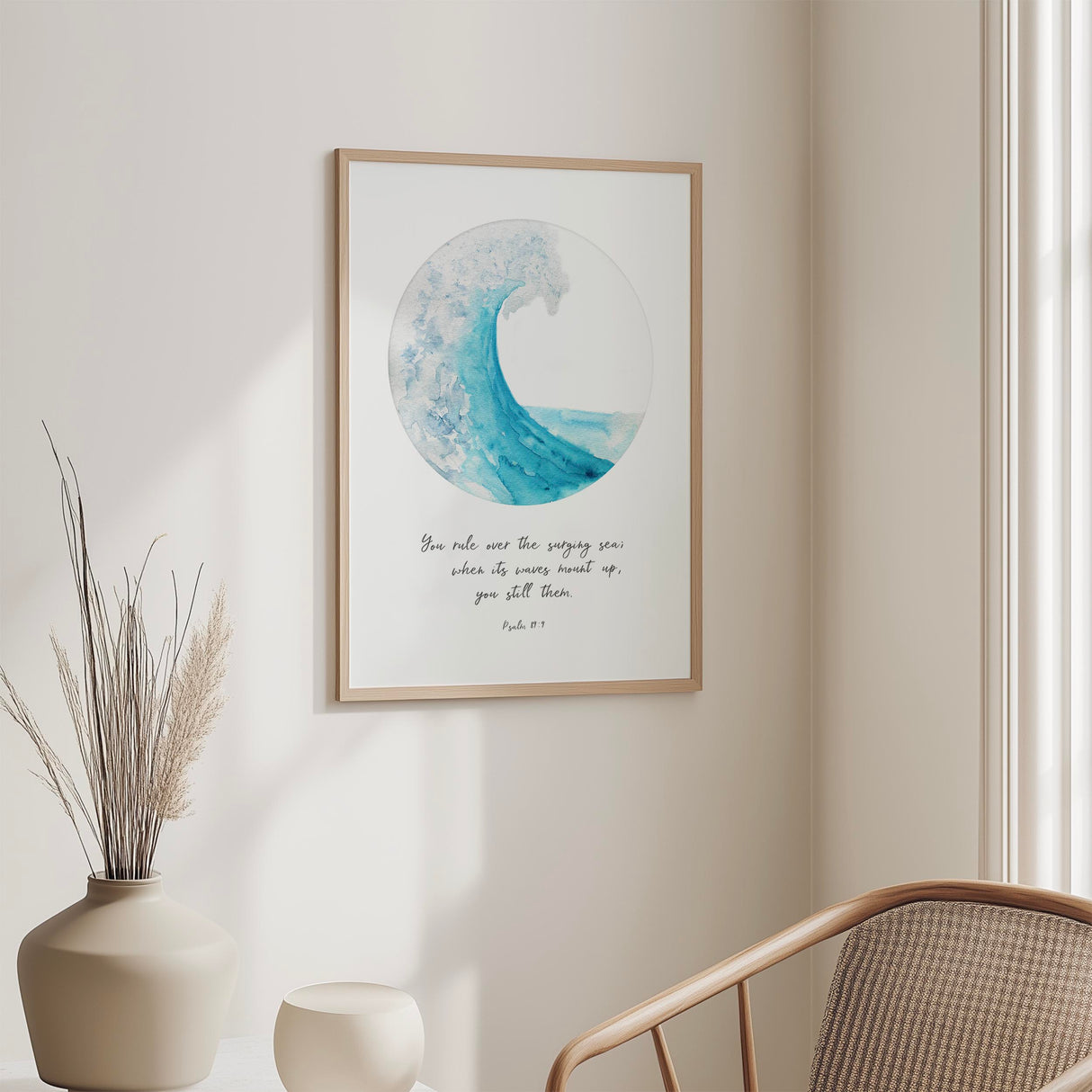 Turquoise ocean wave captured in a circular design with the Bible verse “You rule over the surging sea” from Psalm 89:9, creating a calm and reassuring Christian wall art print.