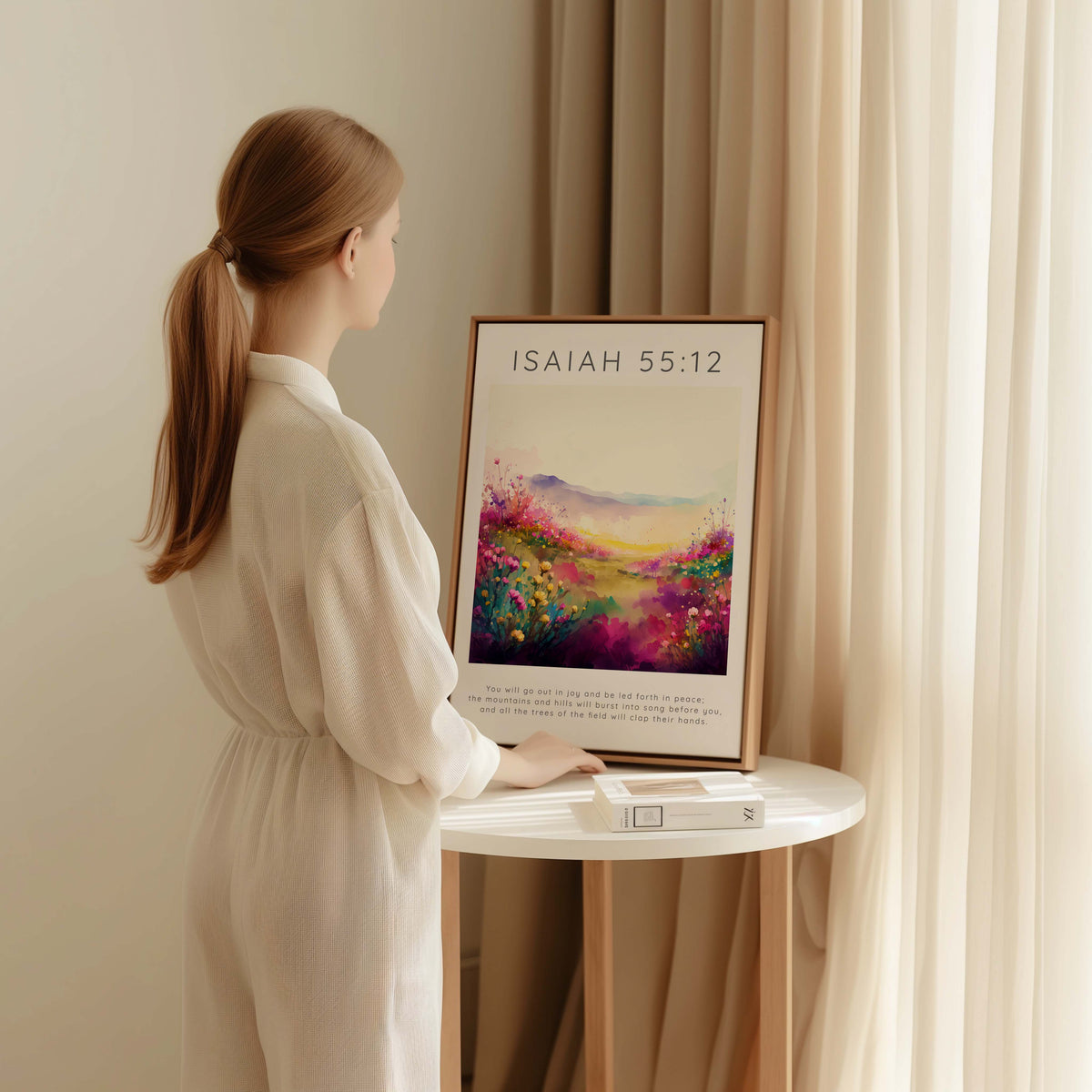 Isaiah 55:12 – Inspirational landscape print with Bible verse about joy.