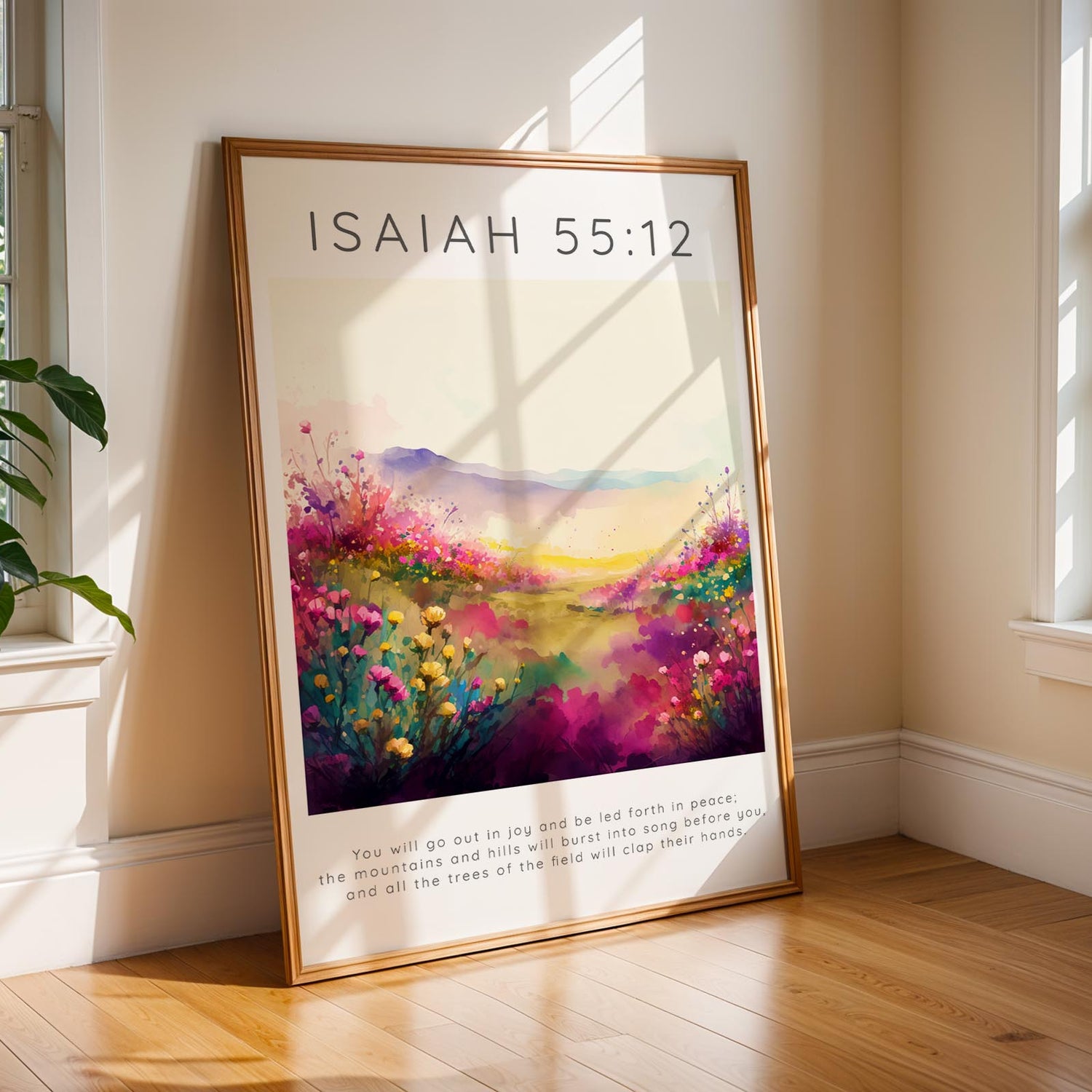 Isaiah 55:12 – Peaceful mountain and flower scene with Bible verse.