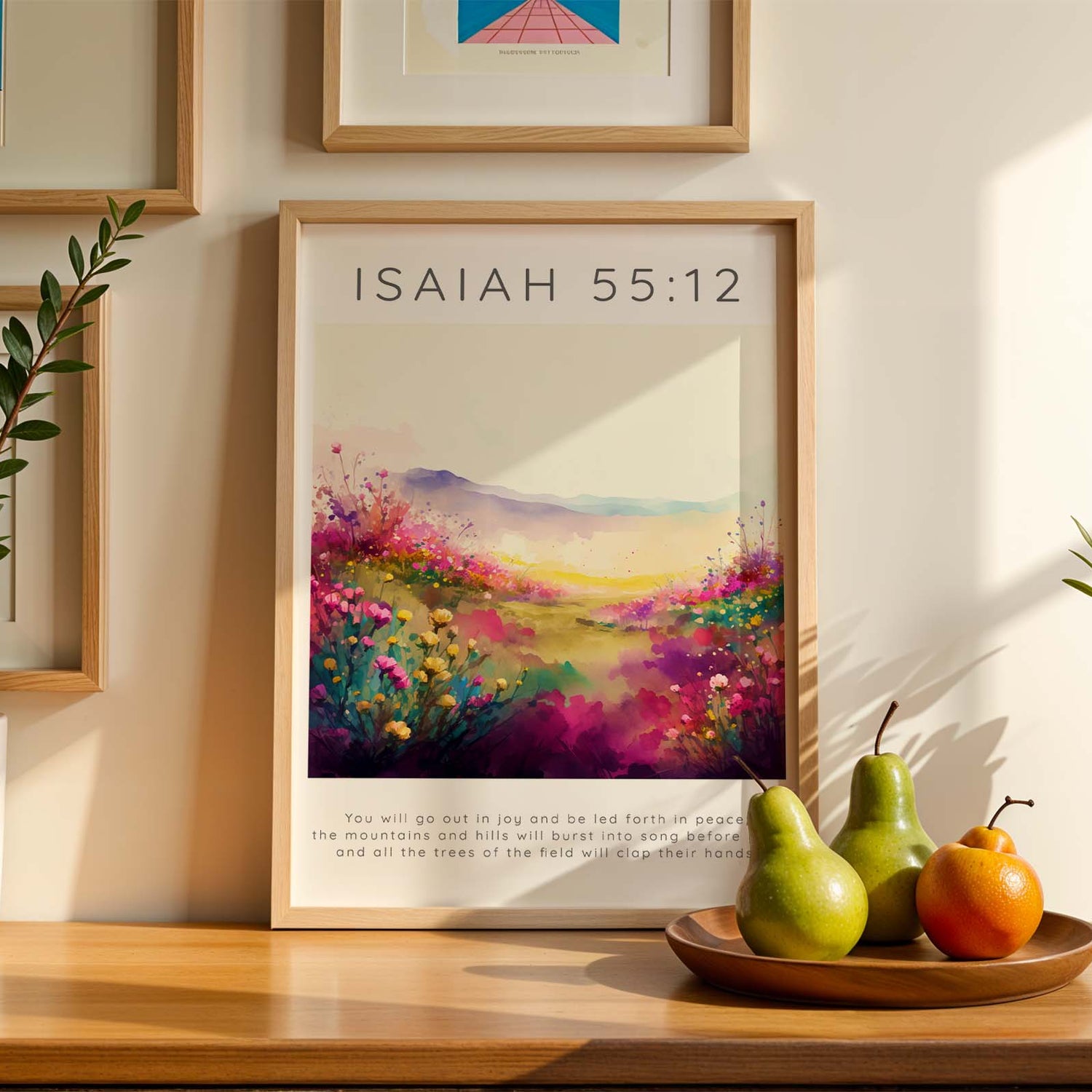 Isaiah 55:12 – Christian decor print with joyful floral landscape.