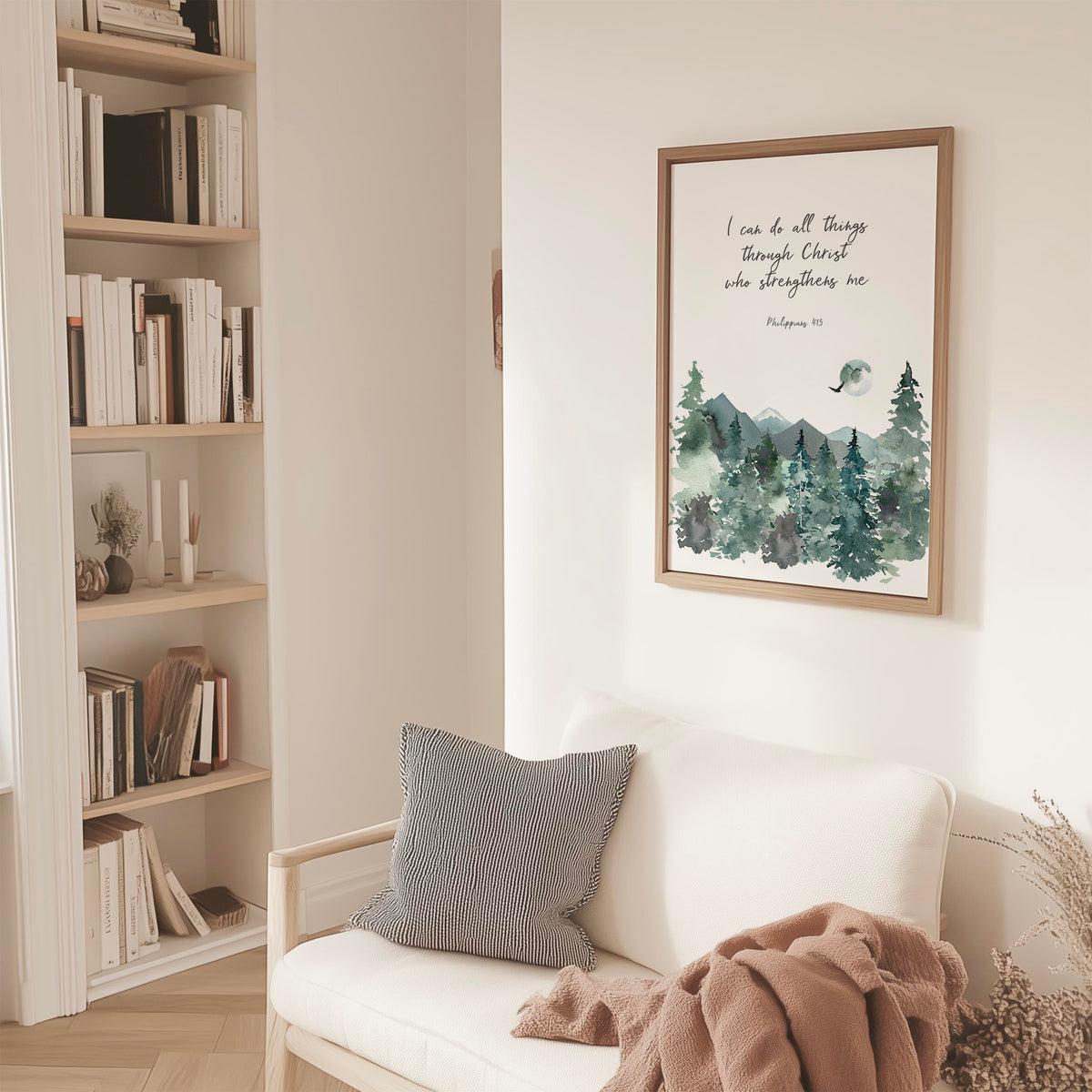 Philippians 4:13 – Christian wall art print with watercolour mountains and empowering Bible verse about faith and strength.
