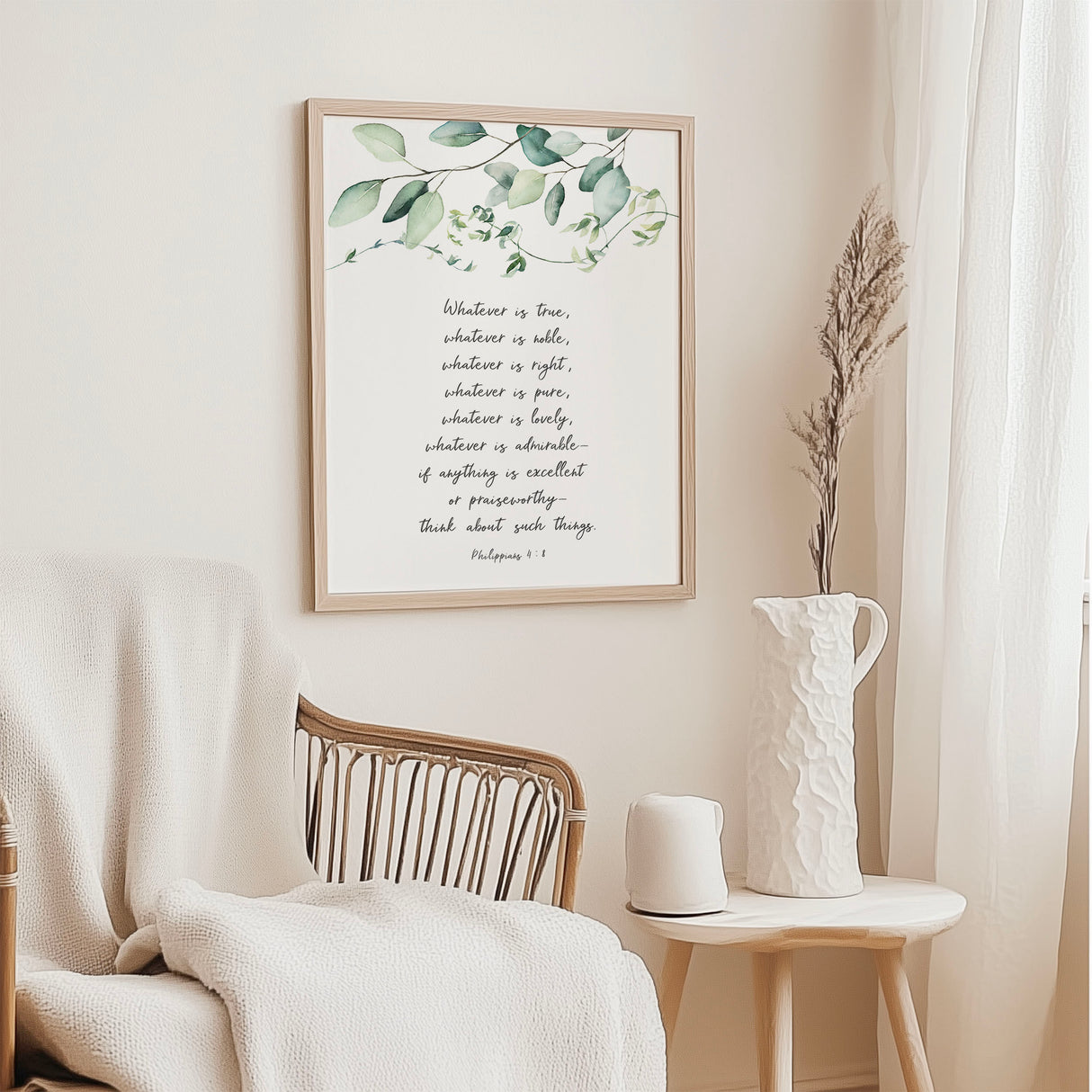 Philippians 4:8 – Whatever is true Christian wall art print featuring leafy botanical design, faith inspired home decor.