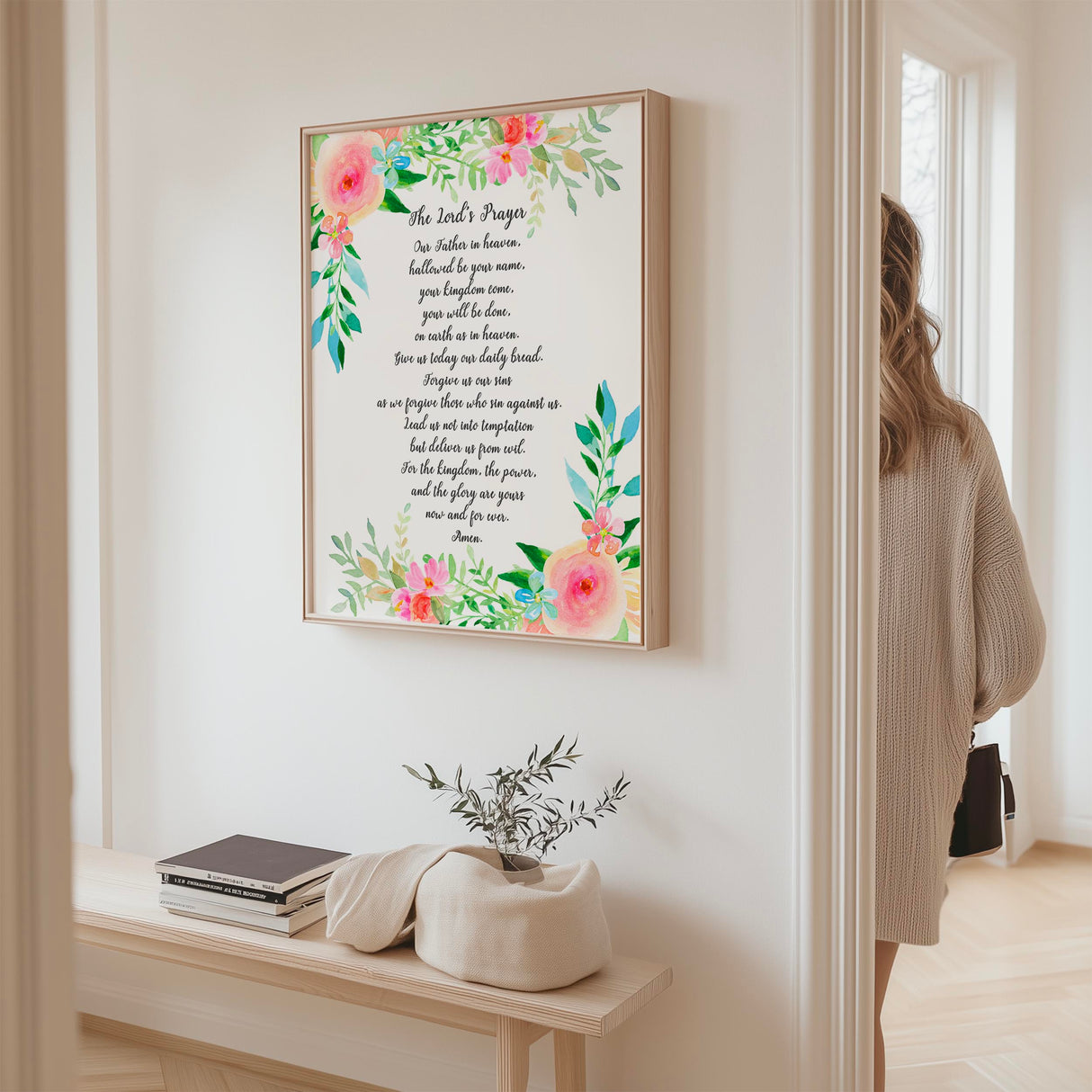 Matthew 6:9–13 – Bible verse wall art featuring The Lord’s Prayer surrounded by soft watercolour flowers.