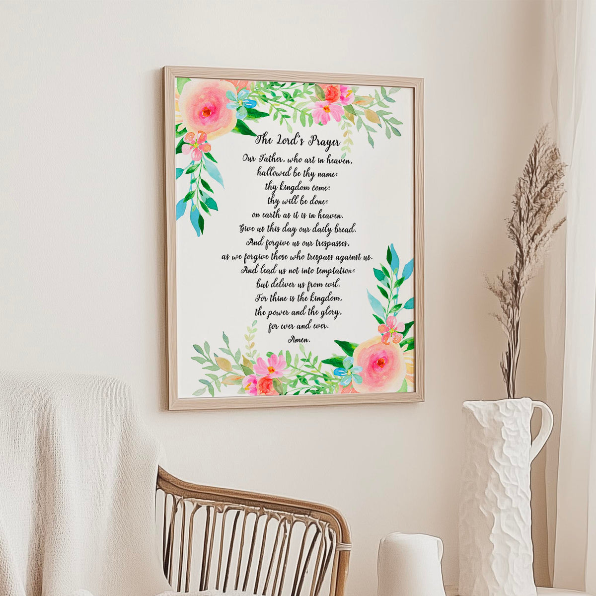 Matthew 6:9–13 – Bible verse wall art featuring the Lord’s Prayer surrounded by delicate watercolour flowers.