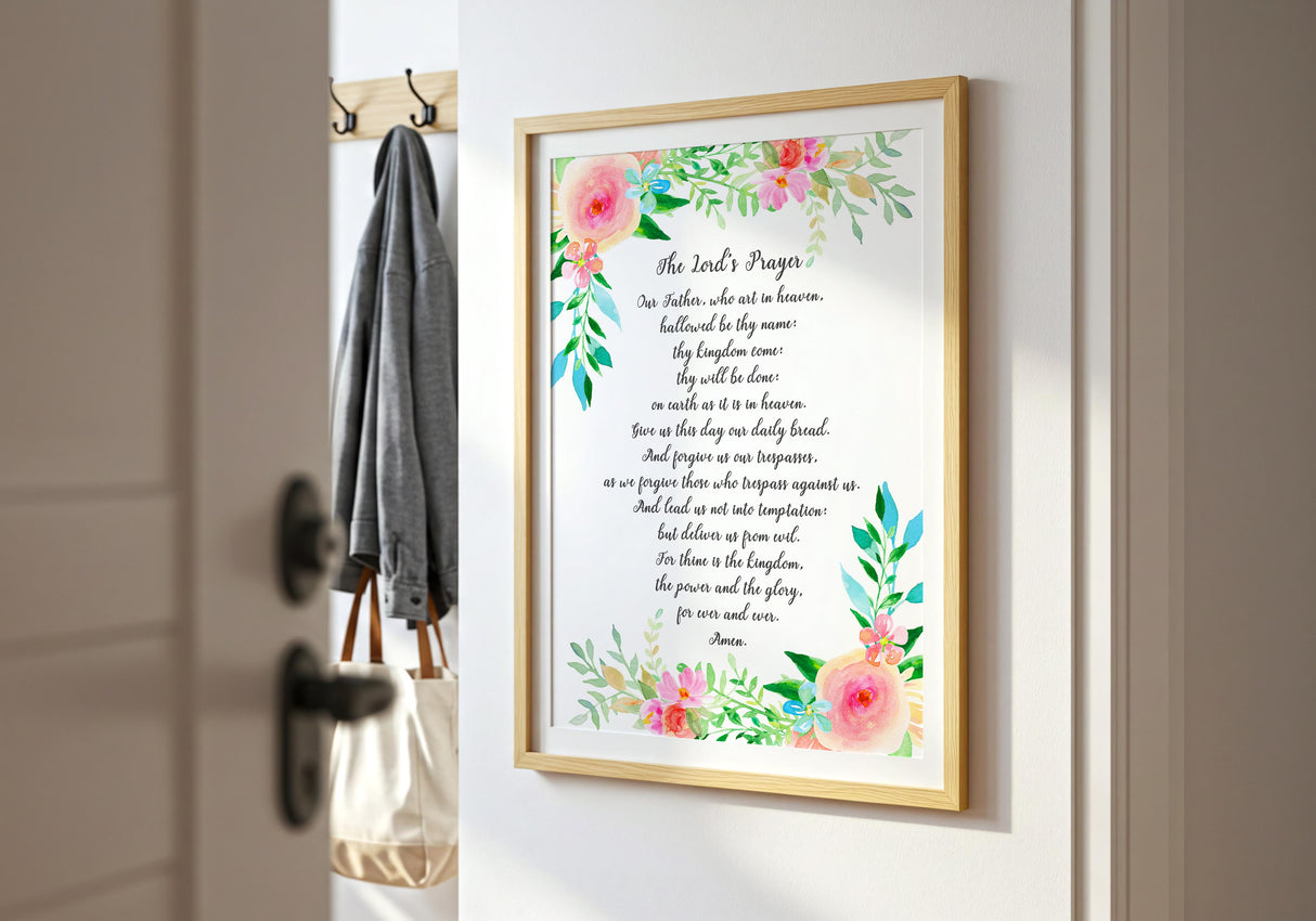 Matthew 6:9–13 – Lord’s Prayer Christian wall art with traditional scripture text and watercolour floral design.