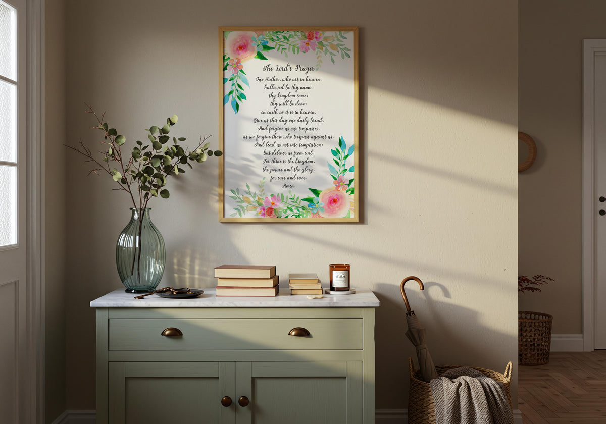 Matthew 6:9–13 – Christian prayer wall decor with classic Lord’s Prayer scripture and elegant floral artwork.