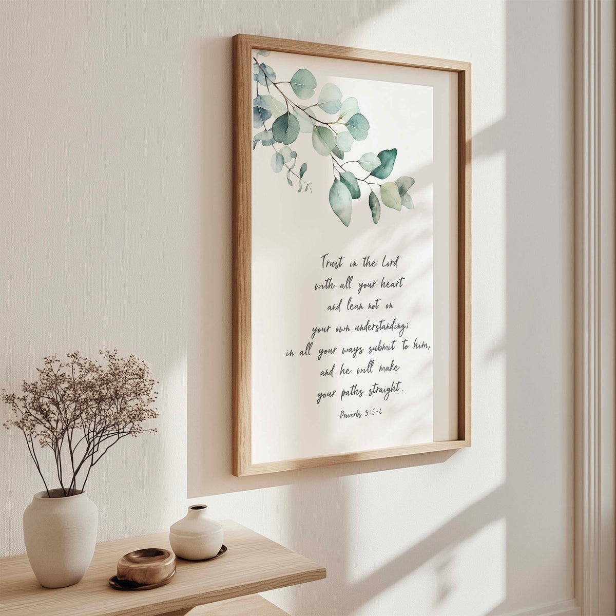 Proverbs 3:5–6 – Bible verse print featuring botanical leaves and scripture encouraging trust in God and straight paths.