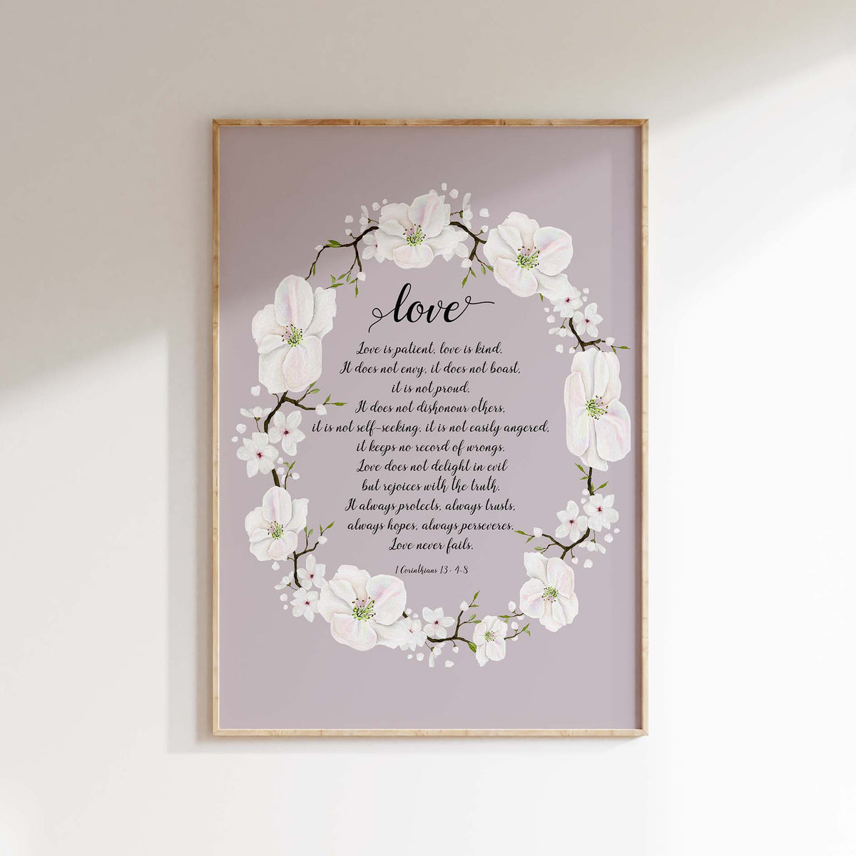 Elegant Grey Wall Art with 1 Corinthians 13 Scripture, Personalised Wedding Date Print with Love is Patient Quote