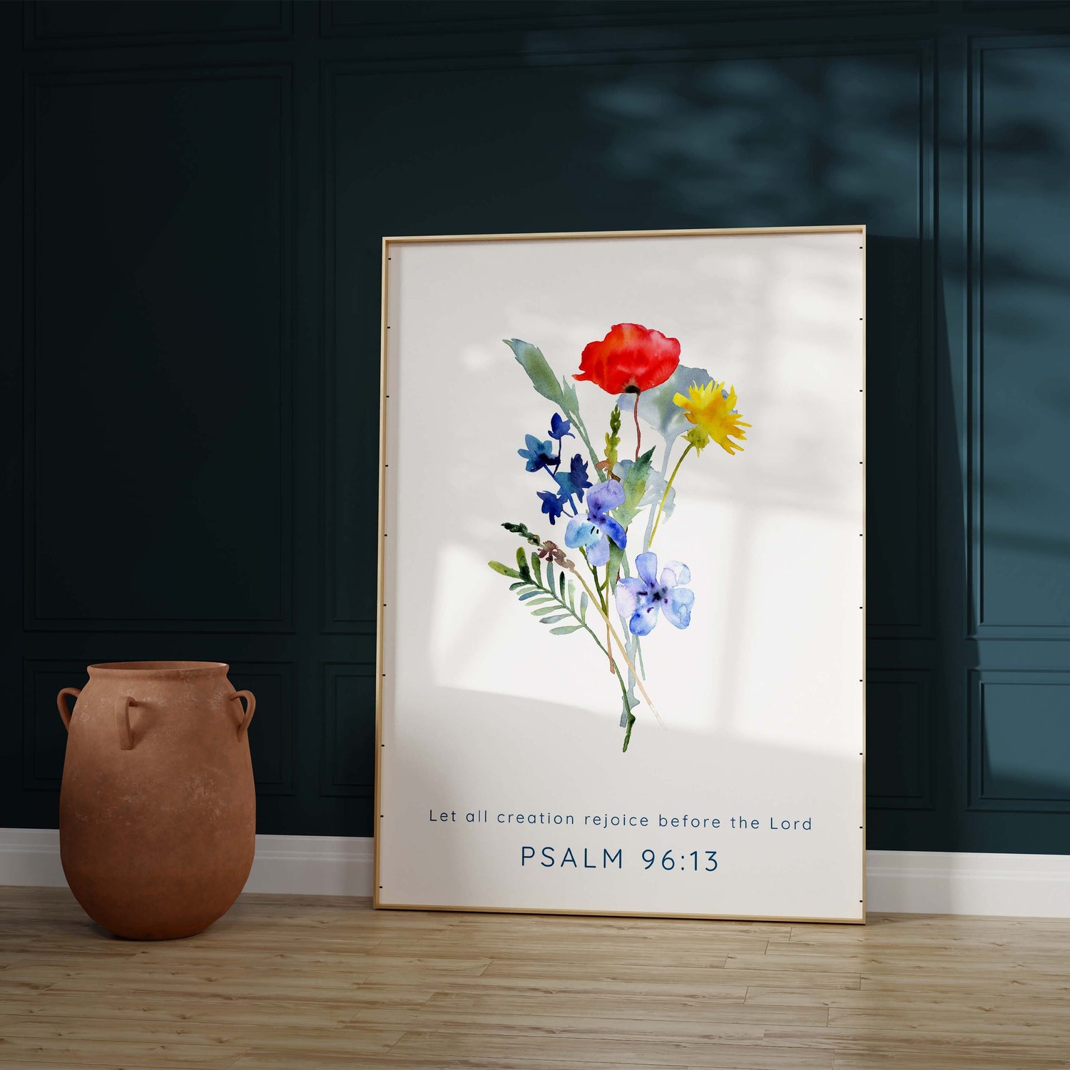 Enchanting watercolor wildflower wall art - Psalm 96:13, Let all creation rejoice before the Lord, with a touch of poppies
