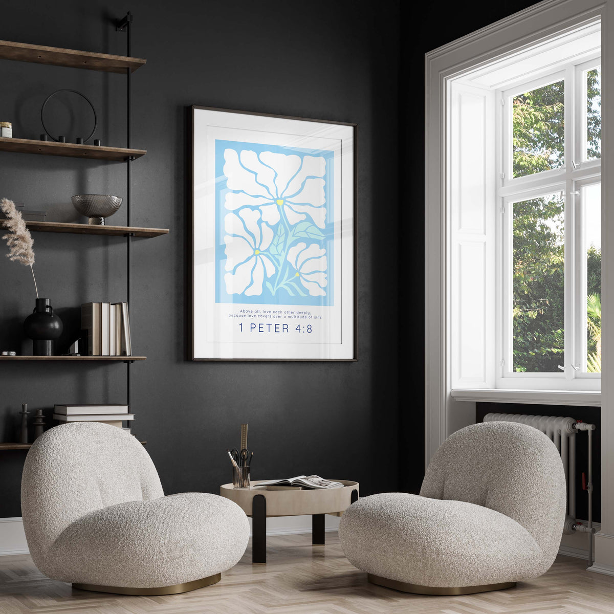 Infuse your home with meaning – a 1 Peter 4:8 print, pairing 'Above all, love each other deeply' with Matisse flowers on a light blue background