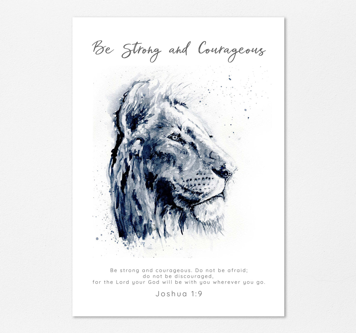 Joshua 1:9 – Black and white watercolour lion Bible verse print symbolising courage and faith.