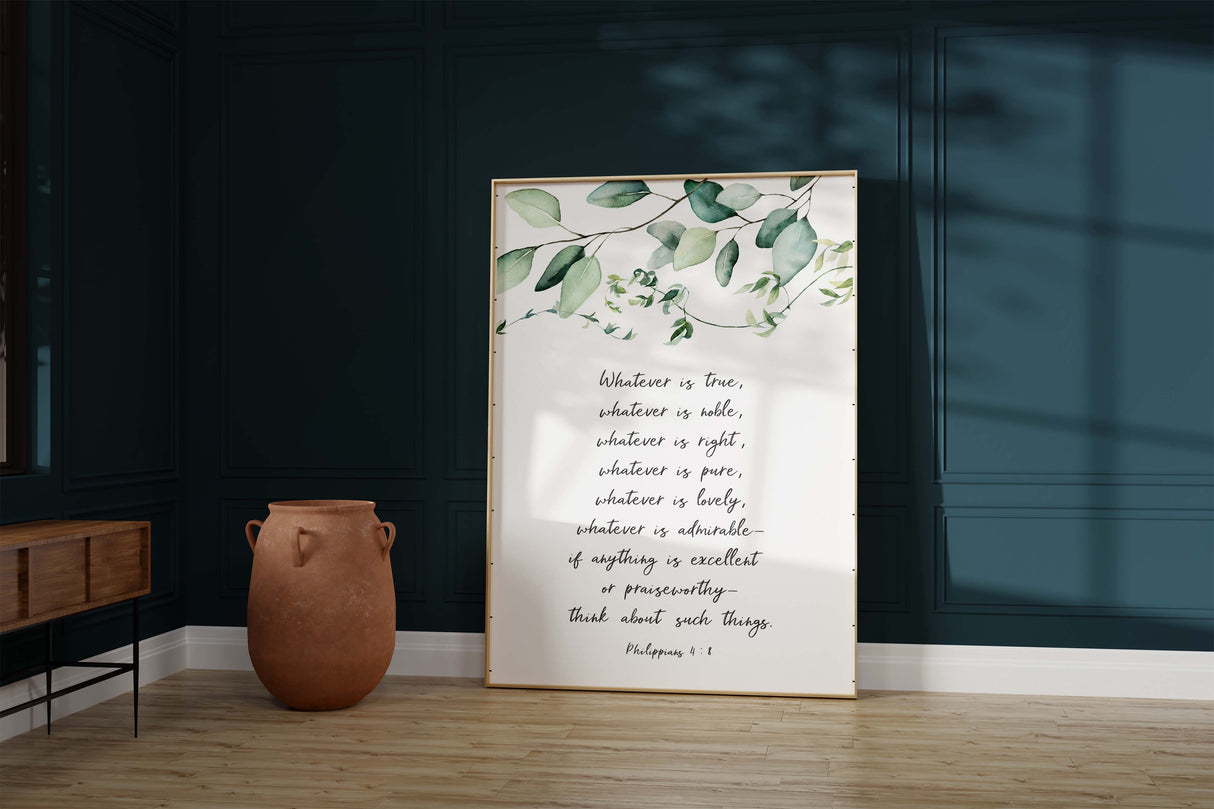 Elegant eucalyptus leaf canvas with Bible verse, Reflective Christian artwork for positive thinking, home decor with Philippians 4:8